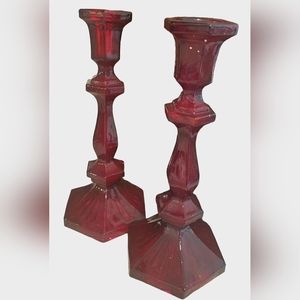 Vintage Red Glass Candle Holders Paneled 1960’s Set Of 2 Deep Vampire Red Gothic